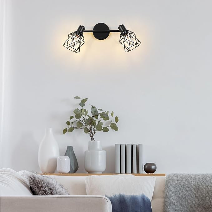WILON Industrial Track Lighting Fixtures Ceiling, 2 Light Kitchen Ceiling Light Rotatable Spotlight Fixtrues E26 Base Wall Light Fixture, Black Flush Mount Light for Kitchen Hallway Entryway