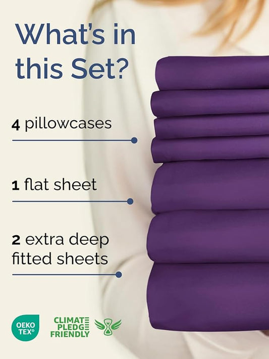 Extra Deep Split King Sheet Set - 7 Piece Breathable and Cooling Sheets - Hotel Luxury Bed Sheets Set - Easy Fit - Soft, Wrinkle Free and Comfy Sheets Set - Purple Sheet Set with Extra Deep Pockets
