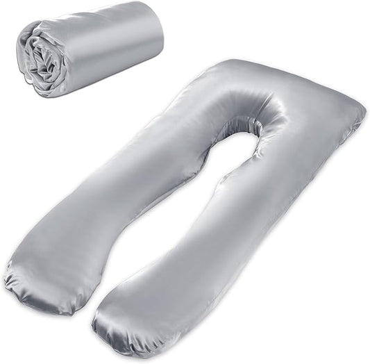 HOMBYS Silky Satin Pregnancy Pillow Cover (ONLY Pillowcase), Luxurious Smooth Maternity Pillow Cover, U Shaped Soft & Breathable Large Pillow Protector for Side Sleeper, 60.8" L x 31.5" W, Light Grey