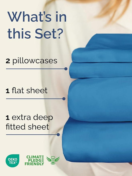 Extra Deep Twin XL Sheet Set - 4 Piece Breathable and Cooling Sheets - Hotel Luxury Bed Sheets Set - Easy Fit - Soft, Wrinkle Free and Comfy Sheets Set - Denim Blue Sheet Set with Extra Deep Pockets