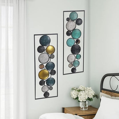 Adeco 35.2" Modern Wall Sculpture, Abstract Floating Patterned Shapes Rectangle Frame Metal Wall Decoration, Set of 2