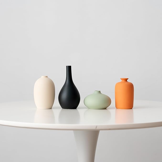 Small Ceramic Vase Set of 4 for Modern Home Decor, Minimalist Bohemian, Round Matte Vases for Dried Flowers&Pampas Grass, Office, Shelf, Living Room, Bedroom, Entryway Decor