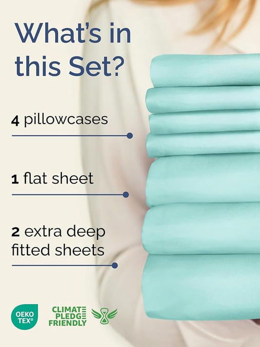 Extra Deep Split King Sheet Set - 7 Piece Breathable and Cooling Sheets - Hotel Luxury Bed Sheets Set - Easy Fit - Soft, Wrinkle Free and Comfy Sheets Set - Spa Blue Sheet Set with Extra Deep Pockets