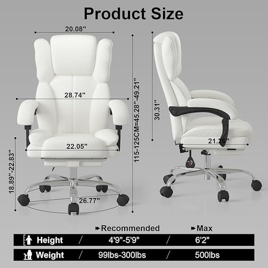 Big and Tall Office Chair, Ergonomic Leather High Back Executive Computer Chair with Retractable Footrest, Adjustable Headrest, Padded Arms, 360°Swivel Free, 90-135°Reclining, 500lbs Wide Seat, White
