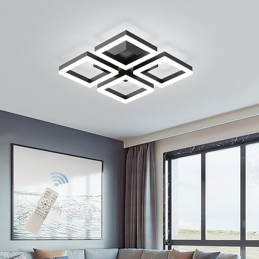 GEADI Led Ceiling Light, Modern 4-Square Ceiling Lamp 52W Dimmable Flush Mount Ceiling Chandelier for Living Dining Room Bedroom Kitchen, Black