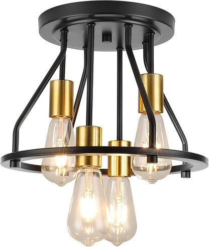 WILON Semi Flush Mount Ceiling Light 4-Light Ceiling Light Fixtures - Black Gold Farmhouse Kitchen Light Industrial Hallway Light Fixtures Ceiling Lamp for Hallway Kitchen Foyer (E26 Socket)