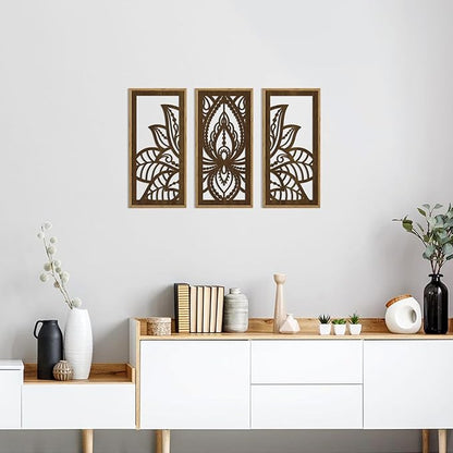HPNIUB 3PCS Lotus Flower Wall Decor, Mandala Carved Wood Sign for Yoga Room, Spiritual Meditation Wooden Hanging Plaque Home Decor for Living Room Office Bathroom Decoration(8x16Inch)