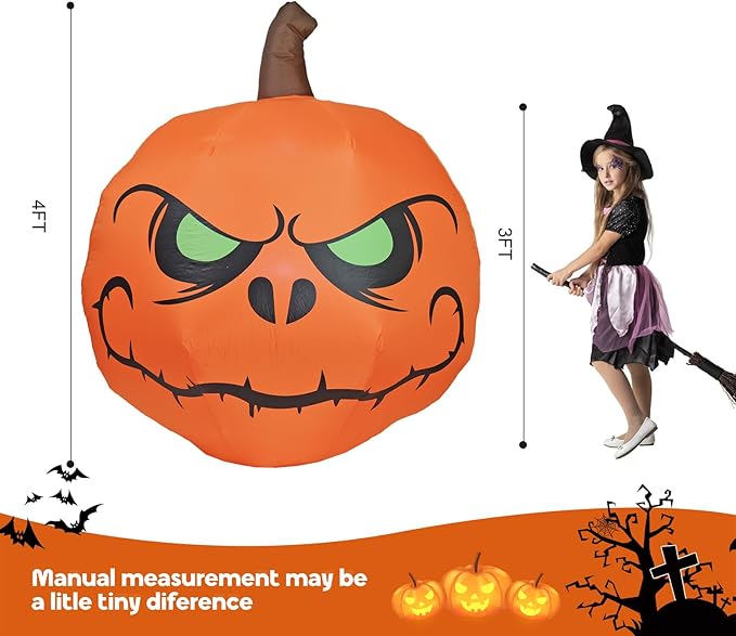4FT Halloween Inflatable Pumpkin with Build-in LED Lights, Blow up Halloween Inflatable Outdoor Indoor Decorations Large Party Yard Decoration