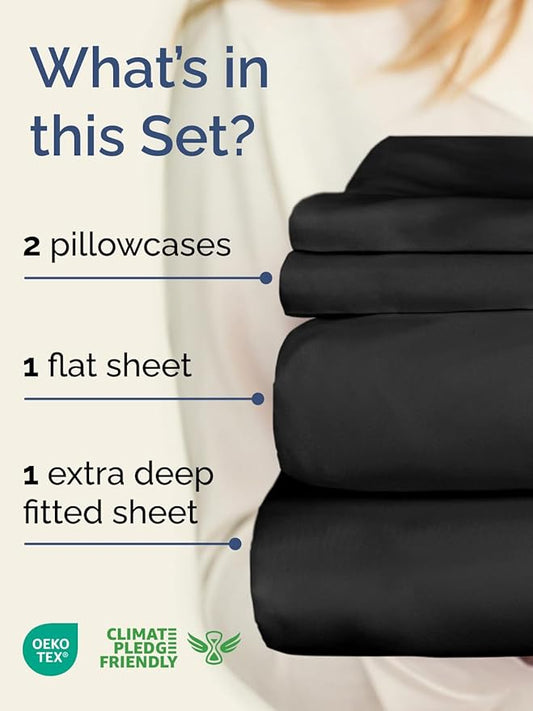 Extra Deep Twin Sheet Set - 4 Piece Breathable and Cooling Sheets - Hotel Luxury Bed Sheets Set - Easy & Secure Fit - Soft, Wrinkle Free and Comfy Sheets Set - Black Sheet Set with Extra Deep Pockets
