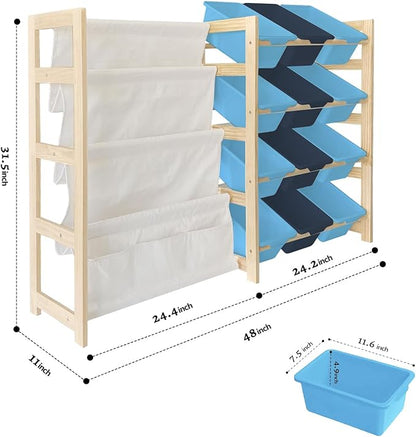 Toy Storage Organizer with Bookshelf - 12 Storage Bins 4-Tier Multipurpose Shelf to Organize Toys and Books for Kids Room, Playroom, Nursery Room, Blue