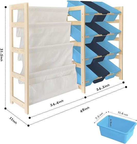 Toy Storage Organizer with Bookshelf - 12 Storage Bins 4-Tier Multipurpose Shelf to Organize Toys and Books for Kids Room, Playroom, Nursery Room, Blue