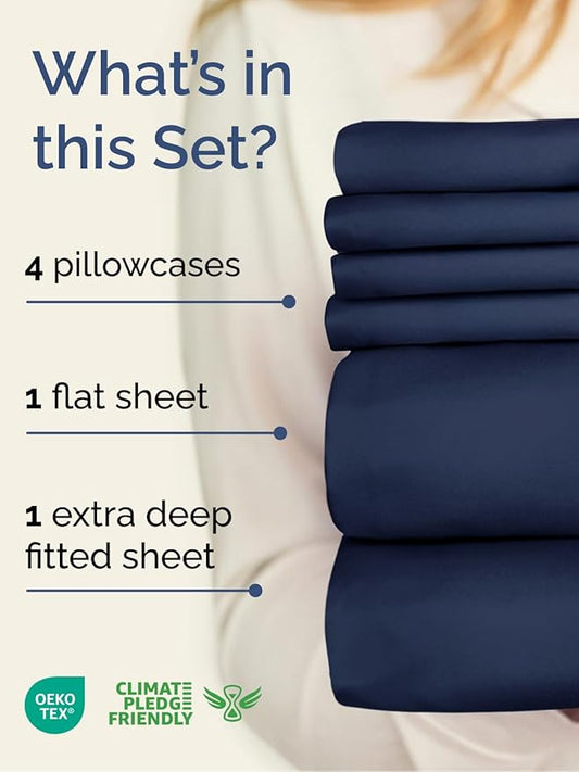 Extra Deep Queen Sheet Set - 6 Piece Breathable & Cooling Sheets - Hotel Luxury Bed Sheets Set - Easy & Secure Fit - Soft, Wrinkle Free & Comfy Sheets Set - Navy Blue Sheet Set with Extra Deep Pockets