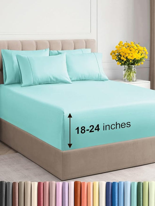Extra Deep Full Sheet Set - 6 Piece Breathable & Cooling Sheets - Hotel Luxury Bed Sheets Set - Easy & Secure Fit - Soft, Wrinkle Free & Comfy Sheets Set - Spa Blue Sheet Set with Extra Deep Pockets