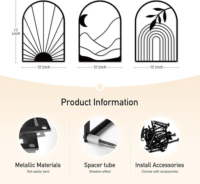 Sokurdeg Boho Metal Wall Decor Black Minimalist Line Wall Art Bohemian Wall Hanging for Bedroom Bathroom Living Room (3 Pack, 12 x 17 in)