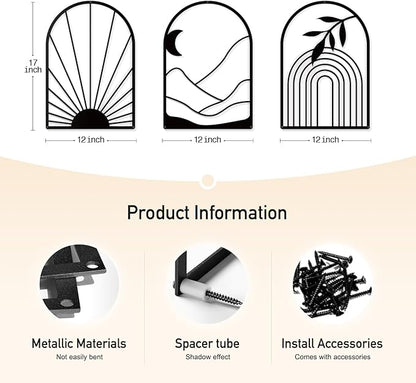 Sokurdeg Boho Metal Wall Decor Black Minimalist Line Wall Art Bohemian Wall Hanging for Bedroom Bathroom Living Room (3 Pack, 12 x 17 in)