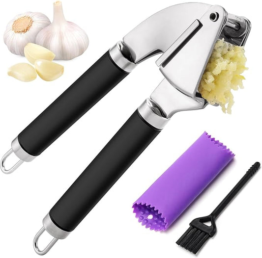 Garlic Press Mincer, 304 Stainless Steel Garlic Press with Garlic Peeler Tube, Heavy Duty Metal Ginger Press, Black