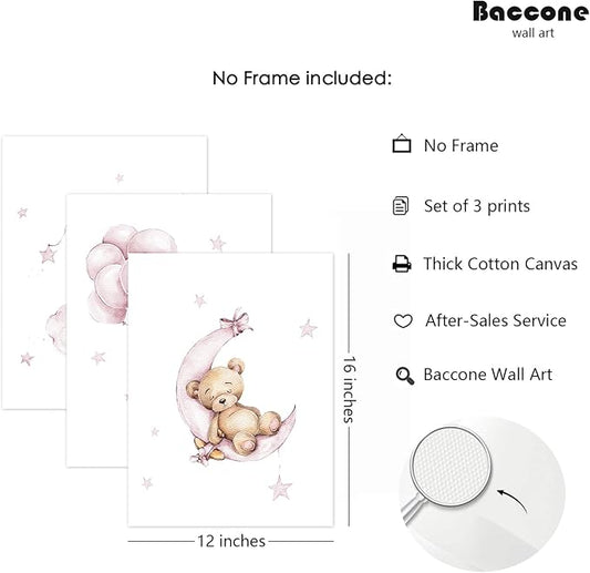 Bear Nursery Wall Art Decor Set of 3 Teddy Bear Wall Art Baby Girl Canvas Wall Decor Pink Pictures Balloon Nursery Children Prints Artwork Moon Star Cloud Art for Boys Room Bedroom 12x16 Inch Unframed