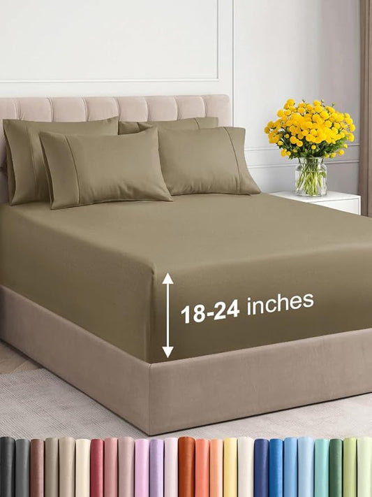Extra Deep Cal King Sheet Set - 6 Piece Breathable & Cooling Sheets - Hotel Luxury Bed Sheets Set - Easy & Secure Fit - Soft, Wrinkle Free & Comfy Sheets Set - Khaki Sheet Set with Extra Deep Pockets