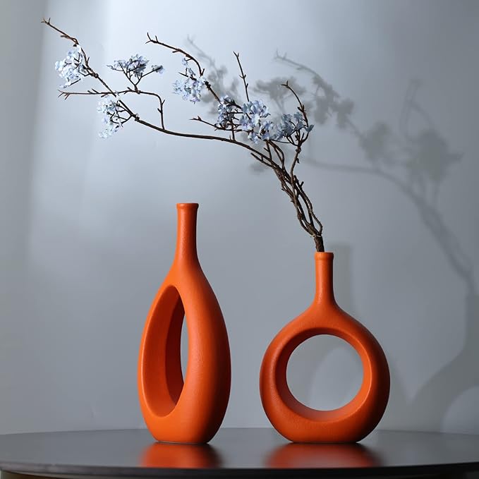 Orange Ceramic Vase Set 2,Modern Hollow Circle with Hole Flower Vase for Home Decor,for Table Centerpieces,Farmhouse,Fire Place,Living Room,Bedroom,Office,Bookshelf,Rustic Decor