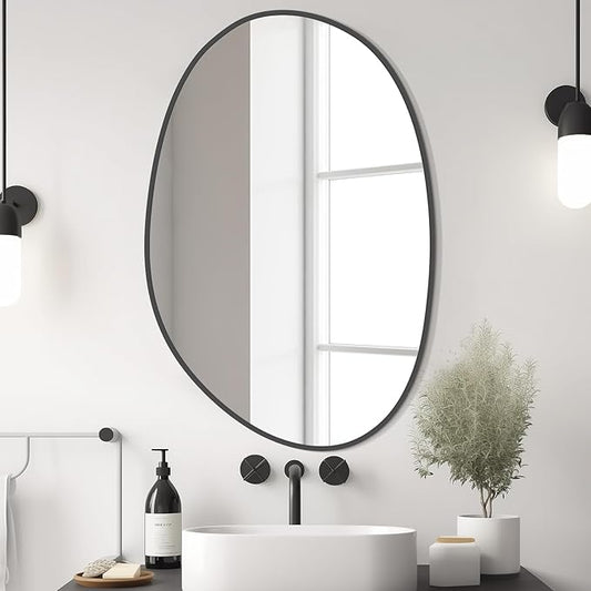 WallBeyond 19" H x 28" W Asymmetrical Decor Irregular Accent Wall Mirror for Entryway, Hallway, etc || Shape: Abstract & Unique Cobblestone, Vertical, Black