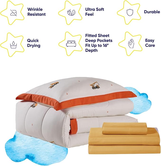 Construction Bedding Set Twin Size – Bed in a Bag with Sheets, Pillowcases & Shams – Soft Construction Bedding Comforter Set with Dump Trucks, Cranes & Bulldozers – Fun Kids Construction Bedroom Decor