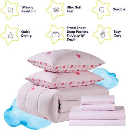 Heart Comforter Set Full Size for Girls – Soft Pink Bed in a Bag with Sheets, Pillowcases & Shams – Cute Kids Bedding with Love Hearts Design – Cozy Microfiber for Child or Tween Bedroom Decor