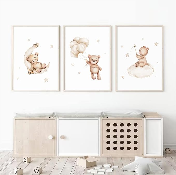 Bear Nursery Wall Art Decor Set of 3 Teddy Bear Canvas Wall Art Baby Boy Nursery Decor Prints Neutral Pictures Moon Star Cloud Print for Girls Children Room 16x24 Inch Unframed