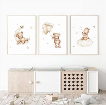 Bear Nursery Wall Art Decor Set of 3 Teddy Bear Canvas Wall Art Baby Boy Nursery Decor Prints Neutral Pictures Moon Star Cloud Print for Girls Children Room 16x24 Inch Unframed