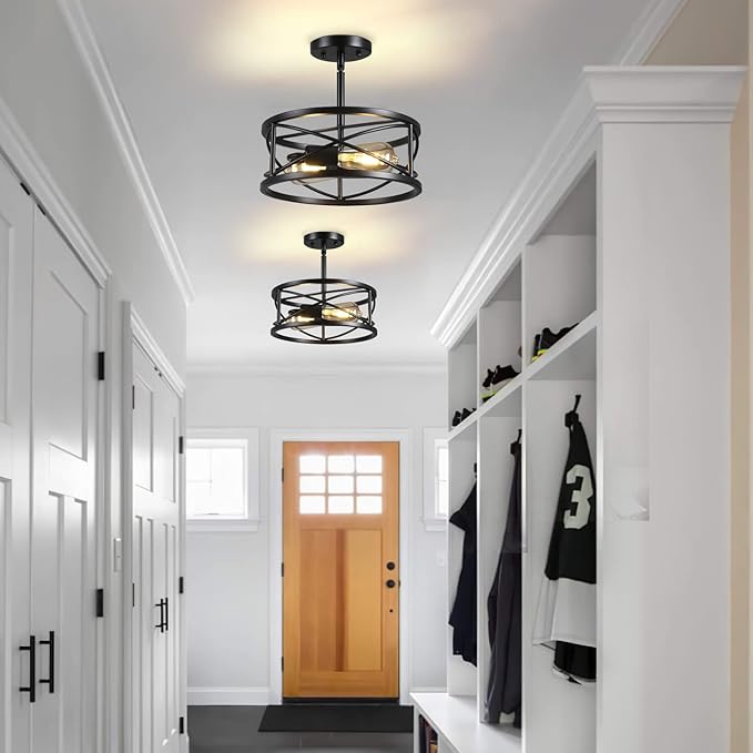 Farmhouse Semi Flush Mount Ceiling Light Fixtures, 11.8“ 2-Light Black Industrial Sloped Ceiling Lighting with Metal Cage for Kitchen, Hallway, Entryway, Laundry Room, Bedroom, E26