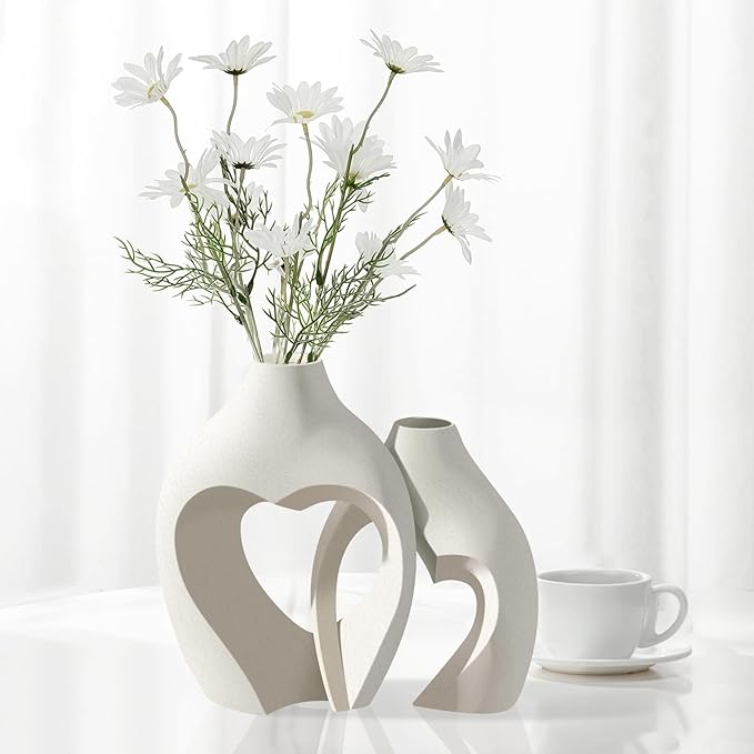 White Vases for Decor, Heart Shaped Ceramic Vase Set of 2, Nordic Modern Heart Vases, Minimalist Decorative Vase for Table Centerpiece Wedding Living Room House Decoration
