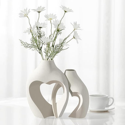 White Vases for Decor, Heart Shaped Ceramic Vase Set of 2, Nordic Modern Heart Vases, Minimalist Decorative Vase for Table Centerpiece Wedding Living Room House Decoration