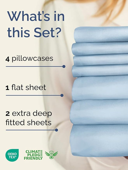 Extra Deep Split King Sheet Set - 7 Piece Breathable and Cooling Sheets - Hotel Luxury Bed Sheets Set - Easy Fit - Soft, Wrinkle Free and Comfy Sheets Set - Sky Blue Sheet Set with Extra Deep Pockets
