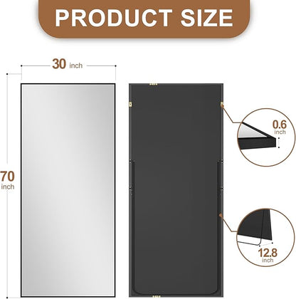 Delma Standing Full Length Mirror with Aluminium Frame for Bedroom Bathroom Living Room(with Stand,70x35-Black)