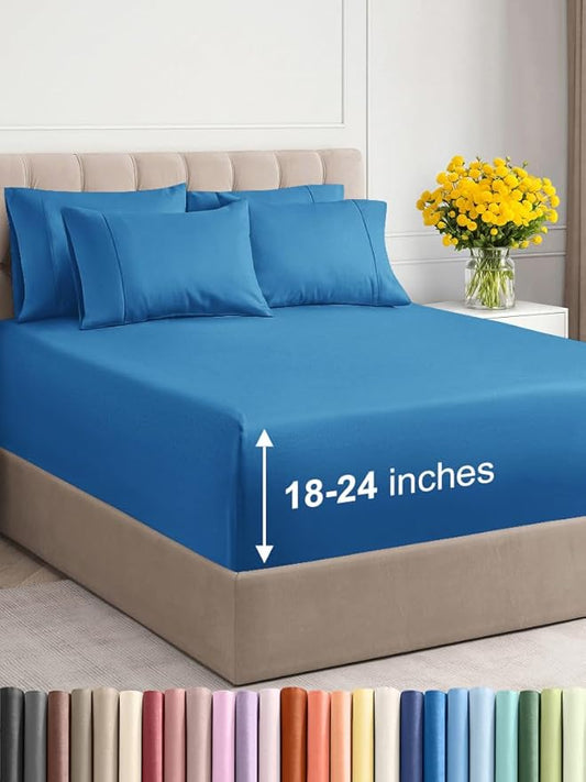 Extra Deep Full Sheet Set - 6 Piece Breathable & Cooling Sheets - Hotel Luxury Bed Sheets Set - Easy & Secure Fit - Soft, Wrinkle Free & Comfy Sheets Set - Denim Blue Sheet Set with Extra Deep Pockets