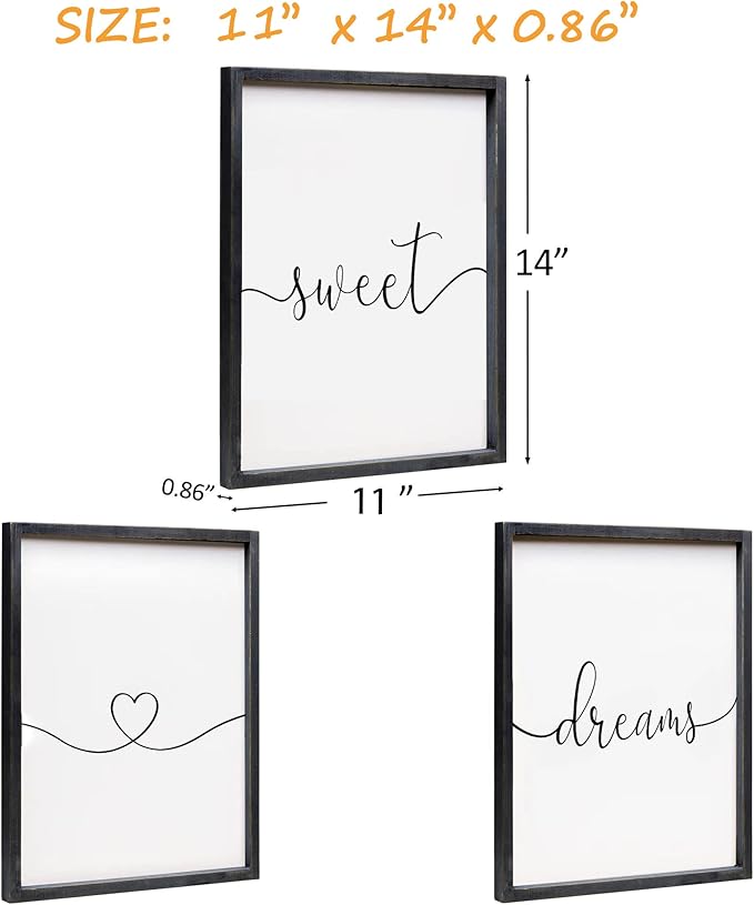 Set of 3 Framed Farmhouse Sweet Dreams Sign 11x14” Above Bed Wall Decor for Bedroom Decor Wall Art Wood Signs (11"x14", Black)