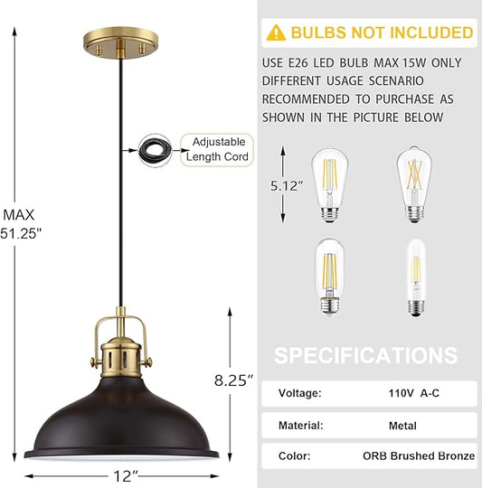 2 Pack 1 Light 12" Pendant Light Industrial Vintage Fixtures Oil Rubbed Bronze Metal Chandelier Light Brushed Bronze Finish,Ceiling Lamp for Kitchen Home Island Dining Room Bedroom Farmhouse
