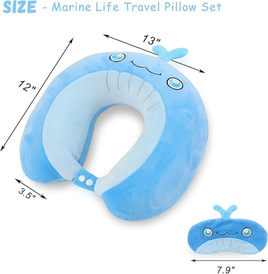 Travel Pillow, Kids Travel Pillow with Sleep Eye Mask Soft Memory Foam Kids Neck Pillow for Boys & Girls, Travel Accessories for Car Airplane Traveling - Whale
