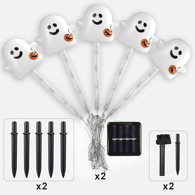 Solar Halloween Ghost Pathway Lights, 10 Pack - Outdoor Ghost Stake Lights with Pumpkin Design, Solar Powered Auto-On, Waterproof Halloween Decor for Garden, Walkway, Yard, Party (Transparent)