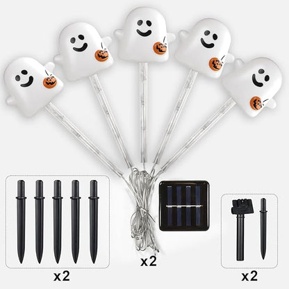 Solar Halloween Ghost Pathway Lights, 10 Pack - Outdoor Ghost Stake Lights with Pumpkin Design, Solar Powered Auto-On, Waterproof Halloween Decor for Garden, Walkway, Yard, Party (Transparent)