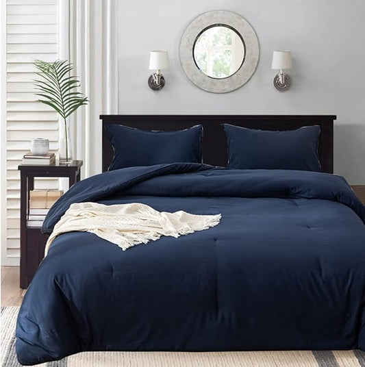 Wellboo Dark Blue Comforter Set, Queen Size, Solid Blue, Minimalist, Adults, Comfy, Modern Classic Bed Comforter