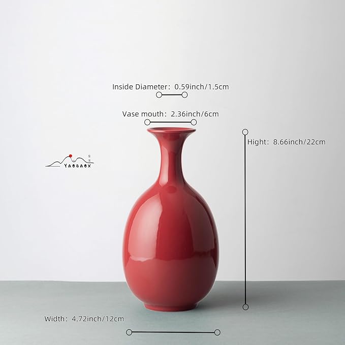 Red Ceramic Vase,8.66 INCH Handmade,Home Decorative Vase, Kitchen, Bedroom, Office, Living Room, Bathroom, Book Shelf Centerpiece Table Decorations (Vermilion Red Without Flowers)