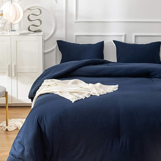 Wellboo Dark Blue Comforter Set, Queen Size, Solid Blue, Minimalist, Adults, Comfy, Modern Classic Bed Comforter