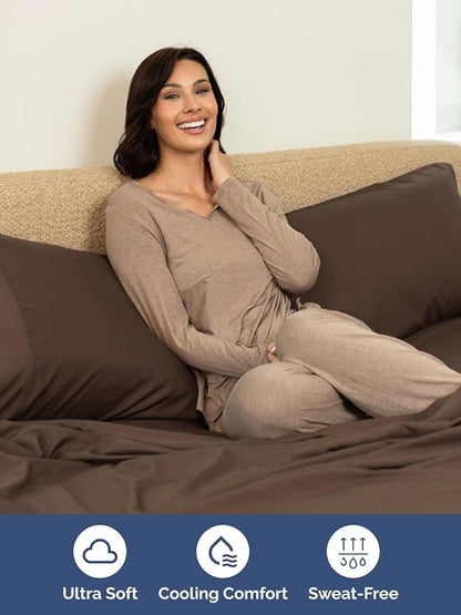 Extra Deep Split King Sheet Set - 7 Piece Breathable & Cooling Sheets - Hotel Luxury Bed Sheets Set - Easy & Secure Fit - Soft, Wrinkle Free & Comfy Sheets Set - Brown Sheet Set w/Extra Deep Pockets