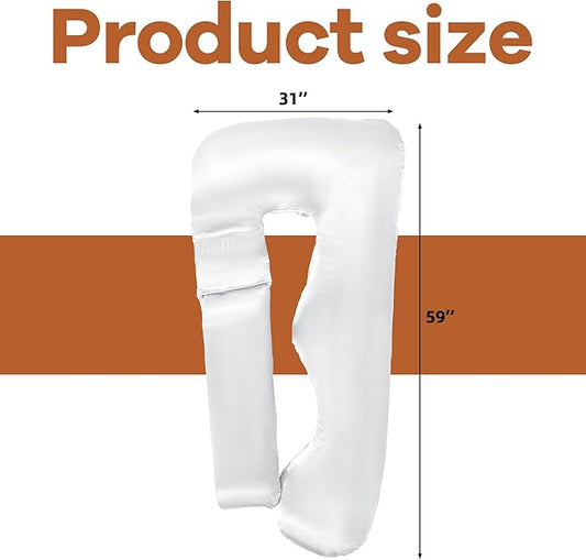 HOMBYS Silky Satin Pregnancy Pillow Cover (ONLY Pillowcase), Luxurious Smooth Maternity Pillow Cover, U Shaped Soft & Breathable Large Pillow Protector for Side Sleeper, 58.6" L x 30.9" W, White