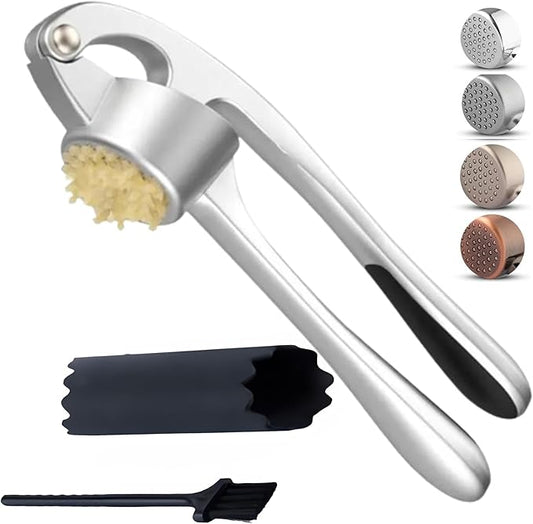 Premium Garlic Press - Easy to Squeeze and Clean, Rust Proof & Dishwasher Safe Garlic Mincer - Garlic Press Stainless Steel, Garlic Crusher, Garlic Masher - Silicone Garlic Peeler & Brush - Sliver