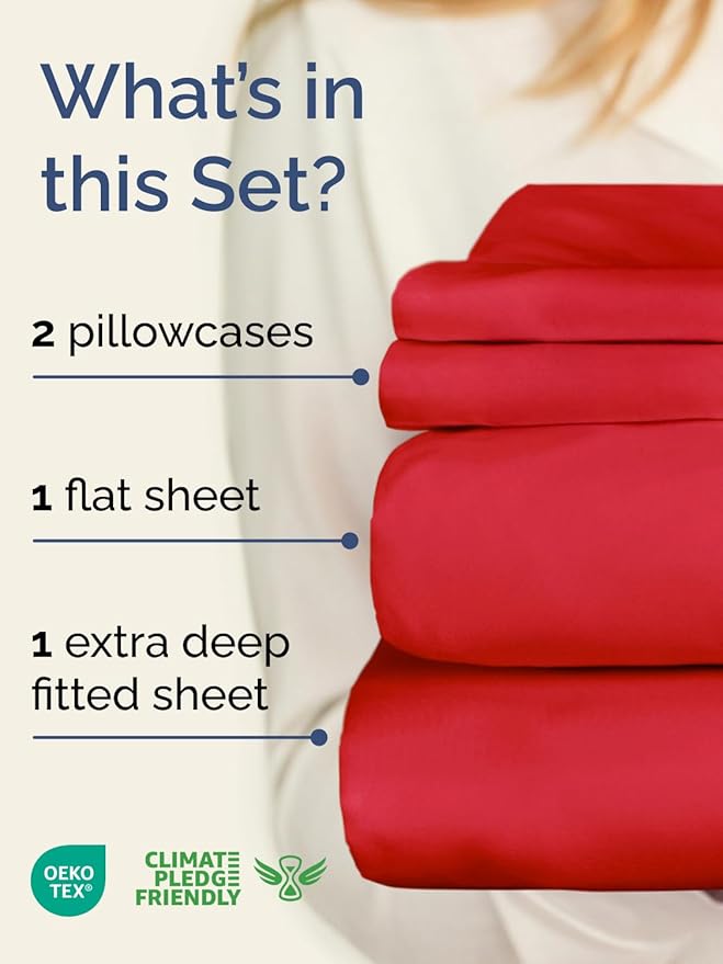 Extra Deep Twin XL Sheet Set - 4 Piece Breathable and Cooling Sheets - Hotel Luxury Bed Sheets Set - Easy & Secure Fit - Soft, Wrinkle Free and Comfy Sheets Set - Red Sheet Set with Extra Deep Pockets