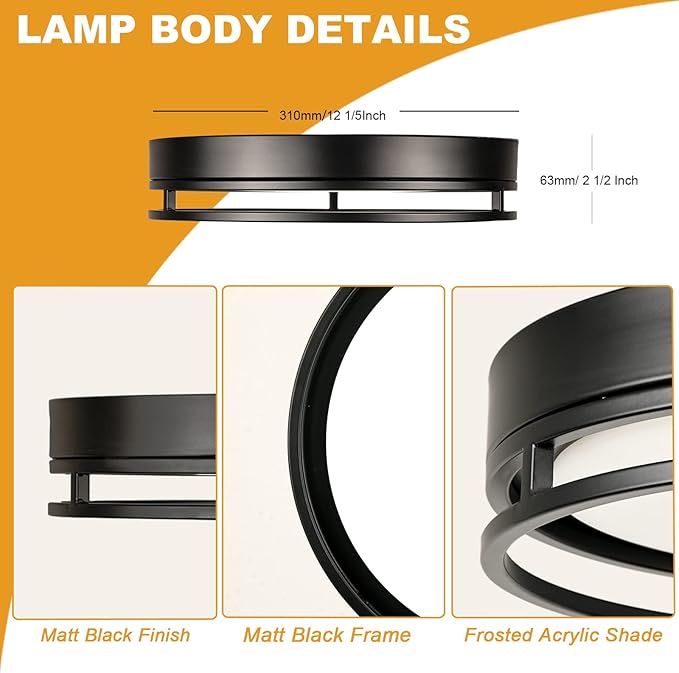 12.5 Inch LED Flush Mount Ceiling Light Fixture, 26W, Super Bright 1700 Lumens, 3 Color 3000K/4000K/5000K, Dimmable Ceiling Lamp for Bedroom Hallway Bathroom Kitchen Laundry (Black)