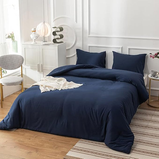 Cottonight Navy Blue Comforter Set Full Dark Blue Bedding Set Full Color Quilts Dark Navy Color All Season Blanket Breathable 3 Piece Comforter Set for Adults Teens