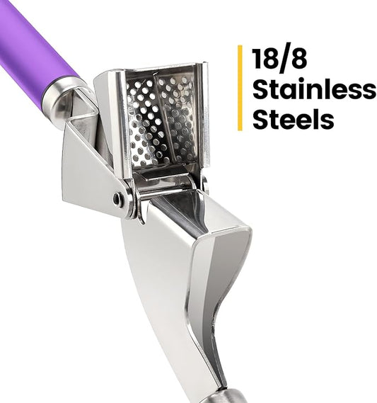 Garlic Press Mincer, 304 Stainless Steel Garlic Press with Garlic Peeler Tube, Heavy Duty Metal Ginger Press, Purple