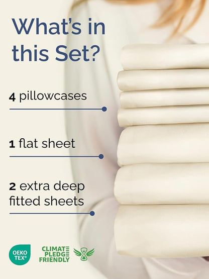 Extra Deep Split King Sheet Set - 7 Piece Breathable and Cooling Sheets - Hotel Luxury Bed Sheets Set - Easy Fit - Soft, Wrinkle Free and Comfy Sheets Set - Off White Sheet Set with Extra Deep Pockets